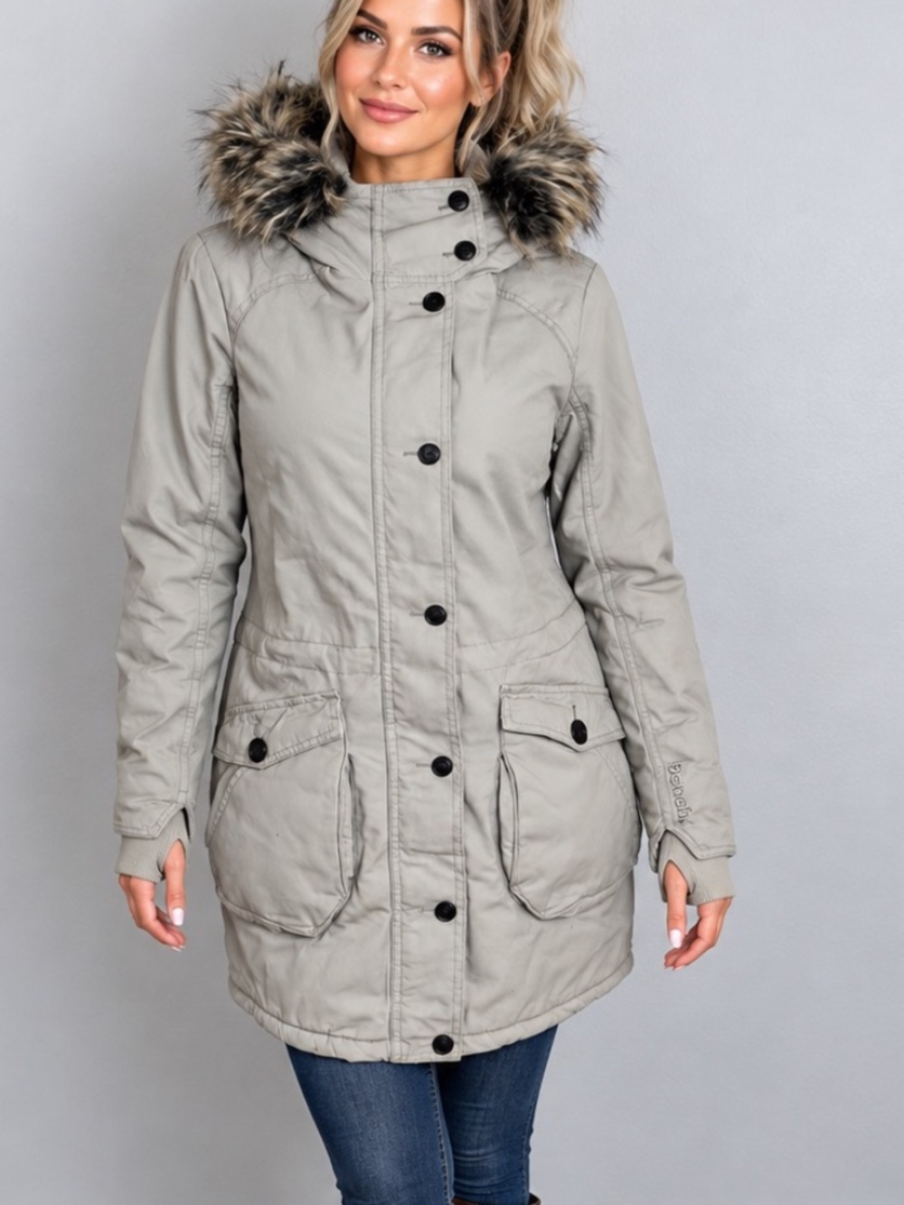 Bench Hooded Heavy Winter Parka Fleece Coat Khaki Removable Faux Fur Size Small